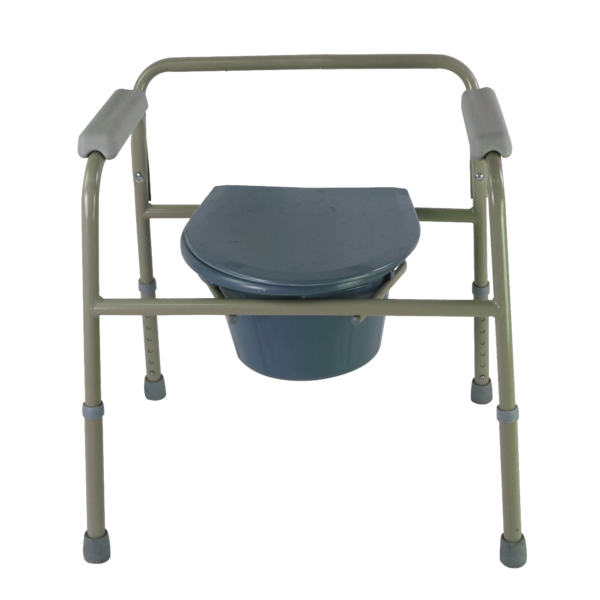 Adjustable height steel commode chair with powder coated frame and padded armrests